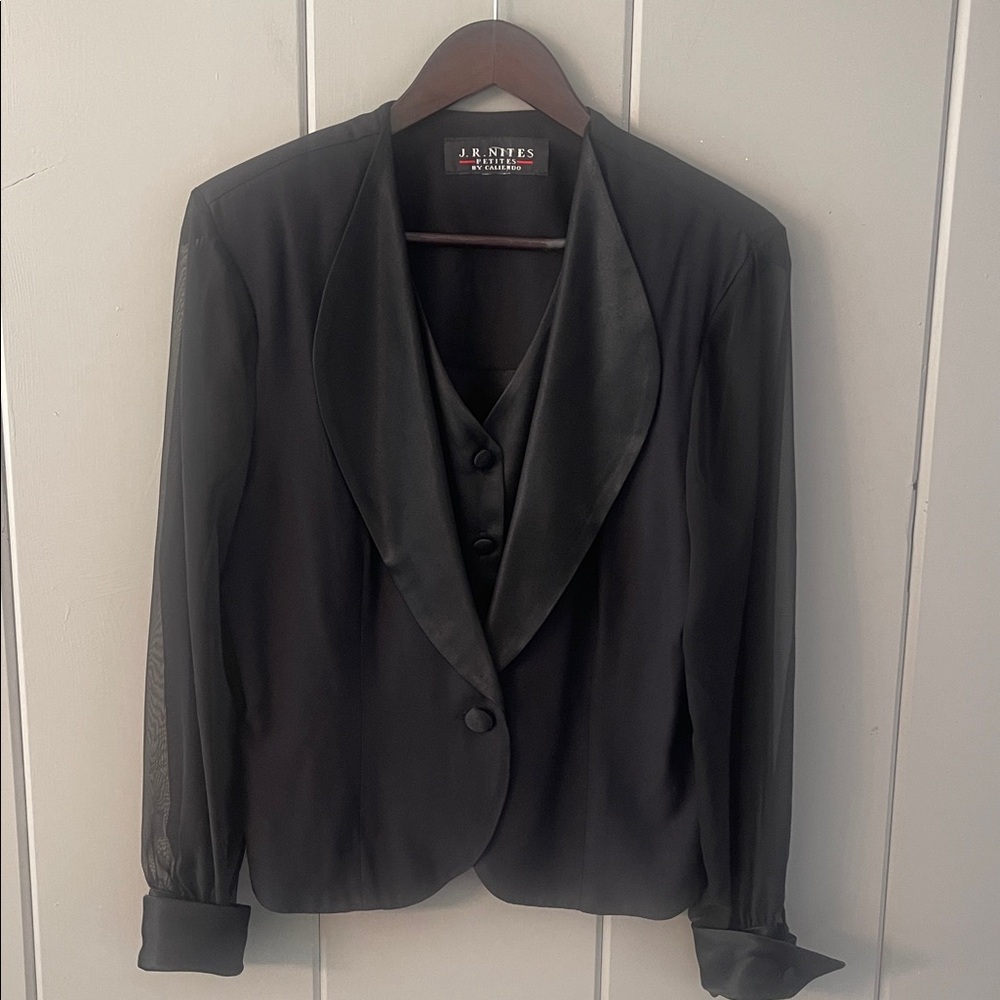J R Nites Jacket Black Satin Tuxedo Vintage Tailored Classic Minimalist Retro